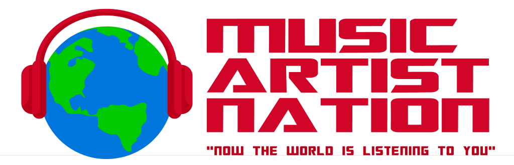 A red and black logo for music art nation.