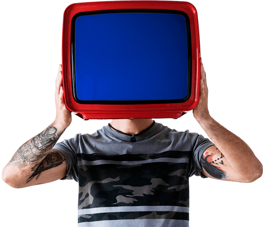 A man with tattoos holding up a television.