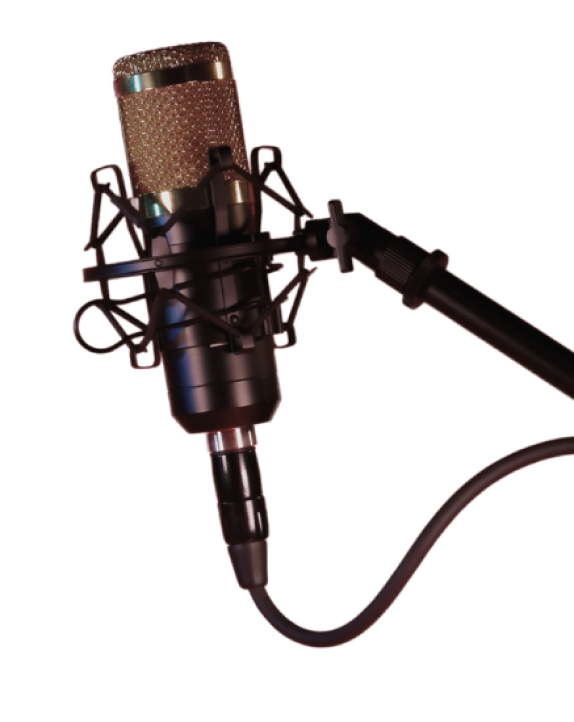 A microphone is shown with a black background.